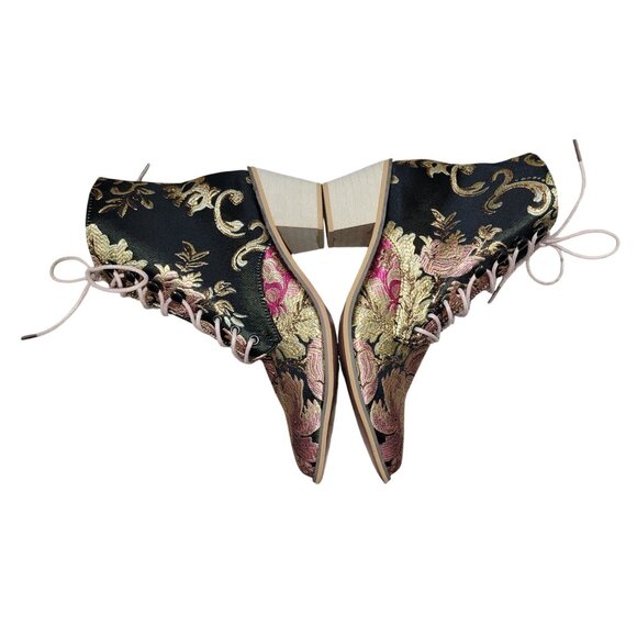 Womens Brocade Lace-Up Ankle Boots Floral Design High Block Heel Size 39 EU 8.5 - Picture 4 of 6